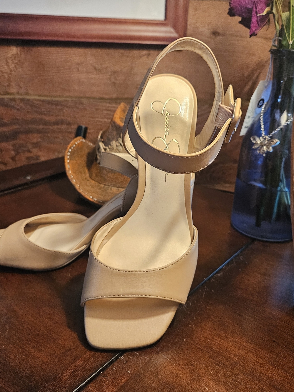 Jessica Simpson Nude Beige Ankle-Strap Block Heel Sandals
